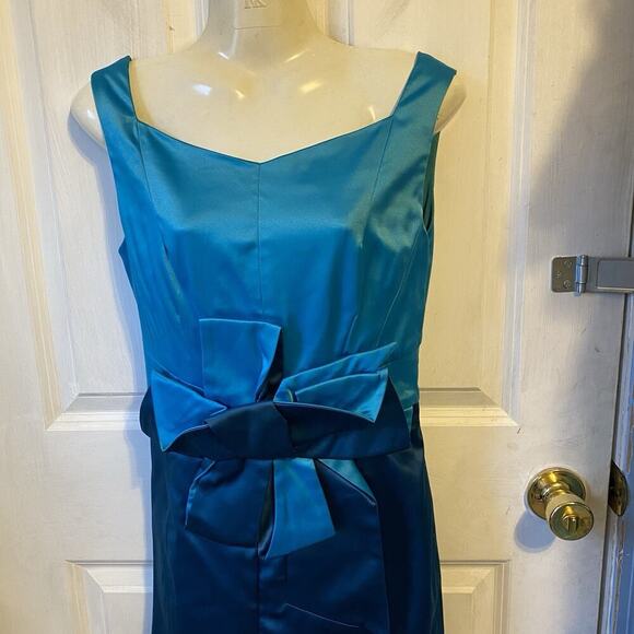 Yimilan Sz M Gorgeous Vintage Satin Turquoise Cocktail Bow Pencil Dress Romantic - Picture 6 of 10